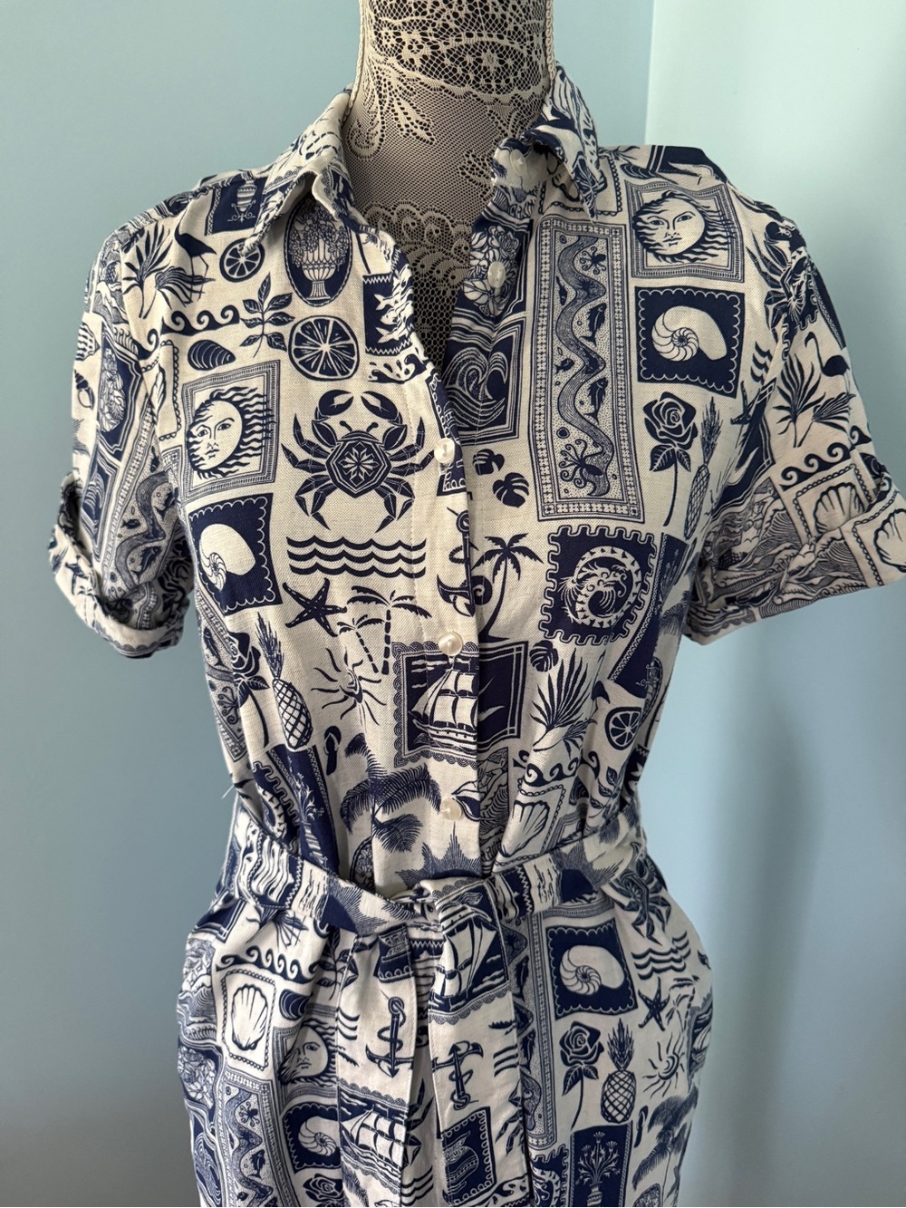 The classiest summer dress! Navy & Cream Nautical Print Shirtdress w Pockets
